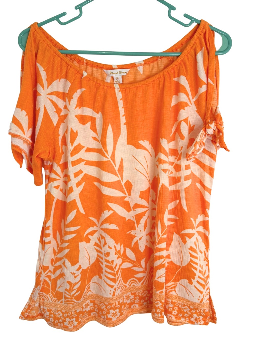 3/$20 Island Shores Tropical Orange Cold Shoulder Short Sleeve Shirt Size Medium
